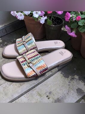 Time & Tru Raffia Horsebit Slide Sandals Womens 7 or 7.5 NWT Memory Foam Boho.